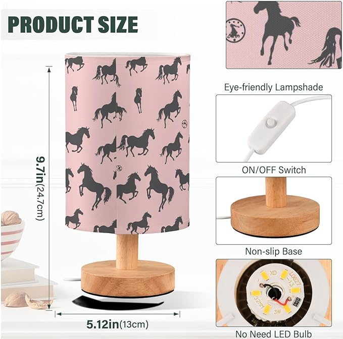 Fustylead Black Horses Light Pink Table Lamp for Bedroom USB Port Lamps Small Accent Table Lamp Nightstand Lamp Study Linen Shade with Wooden Base, Decorative Lamps for Bedside Reading|Kids|Dorm|Home
