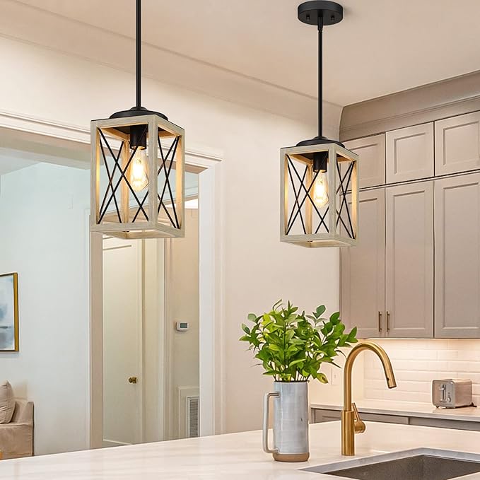 DEWENWILS Farmhouse Pendant Light, Metal Hanging Light Fixture with Wooden Grain Finish, 48" Adjustable Pipes for Flat and Slop Ceiling, Kitchen,Island, Living Room, Bedroom, E26 Base