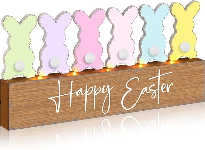 Yousoontic Easter Decorations Wooden Bunny Table Decor with LED Lights, Lighted Bunny Butt Centerpiece, 3D Farmhouse Easter Rabbit Sign for Mantel, Tiered Tray, Home Desk, Office, Spring Party