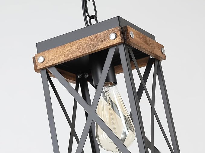 Rustic Farmhouse Plug in Pendant Light Fixture with Adjustable Chain, Oak Wood and Metal Lantern Cage Mini Hanging Lamp for Kitchen Island Living Room Hallway Farmhouse Bar, Black