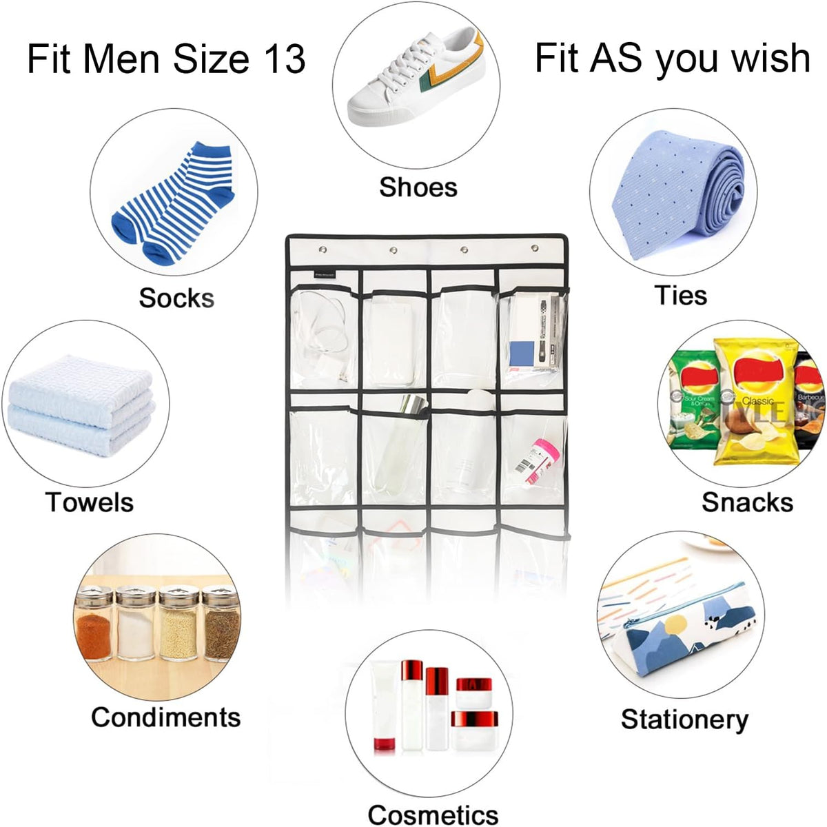 Skiennix Extra Large Over Door Shoe Organizer - Crystal Clear Design with 12+6 Pockets & 4 Hooks | White (59" x 21.6")