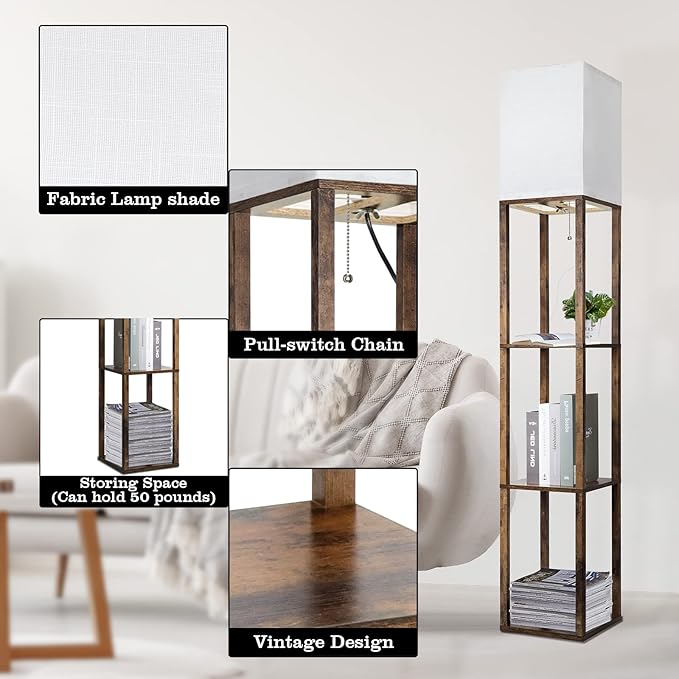 RUNTOP Floor Lamp with Shelves, Modern Shelf Lamp for Display Storage, 3 Color Temperature Wood Narrow Standing Corner Lamp with 8W Bulb for Living Room Decor, Bedroom, Office, Home Decor(Brown)