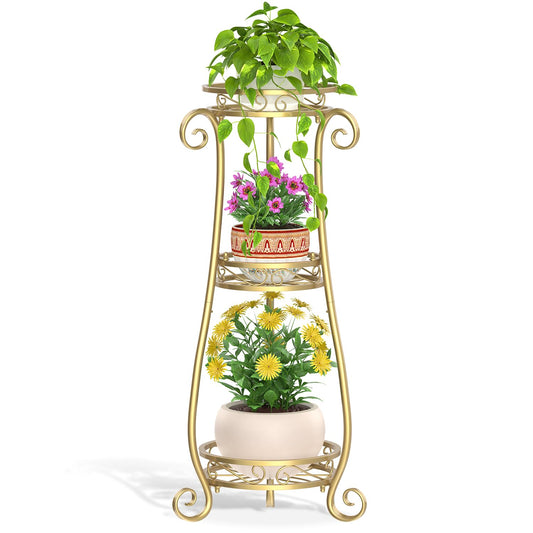 LASZOLA 3 Tier Gold Metal Plant Stand for Multiple Large Planters Indoor Outdoor Organizer, Heavy Duty Tall Flower Stand for Corner Patio Bathroom Office, Modern Sturdy Vertical Iron Rack, Cat Proof