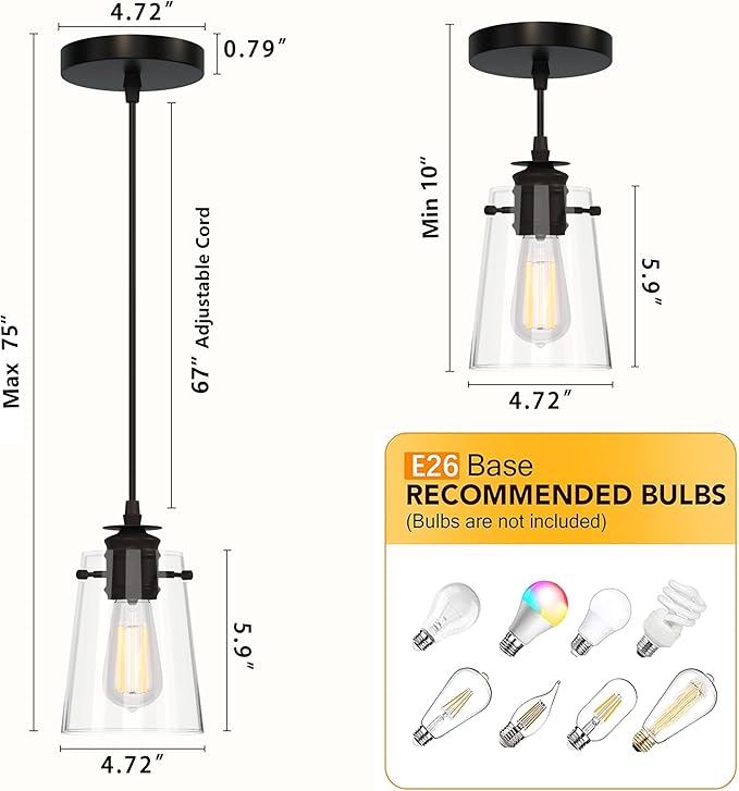 Pendant Lights Kitchen Island, Modern Industrial Pendant Light Fixtures with Glass Shade, E26 Socket Adjustable Cord for Dining Room, Bedroom, Living Room, Farmhouse Pendant Lighting 3Pcs