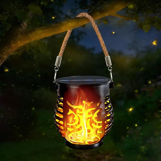 1 Pack Solar Lights Outdoor Waterproof, Solar Lantern with Realistic Flickering Flame, Auto On/Off Solar Powered Garden Light with Hemp Rope Handle for Outside Tree Patio Porch Tabletop Decorations