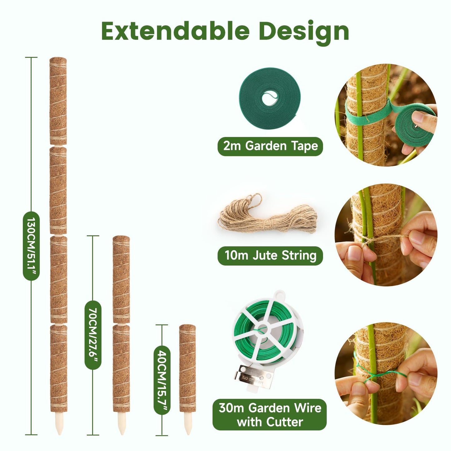 KINGLAKE Moss Pole for Plants 51.1 Inch Monstera Plant Support for Climbing Plants 4 Pcs 15.7 Inch Stackable Moss Pole Plant Stakes for Indoor Plants with Plant Tape, Jute Rope & Twist Ties