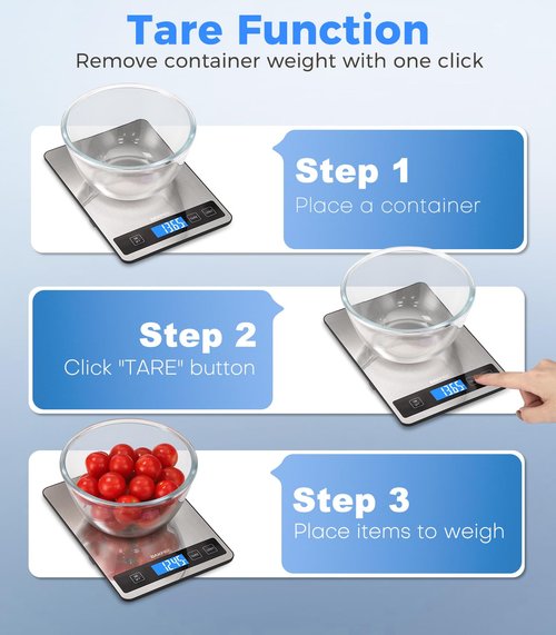 BakFee Food Scale - 15kg/33lb Rechargeable Digital Kitchen Scale with Full-View LCD Display, Grams and Ounces, Type-C or Batteries, Easy Clean Stainless Steel, for Baking, Cooking & Meal Prep, Black