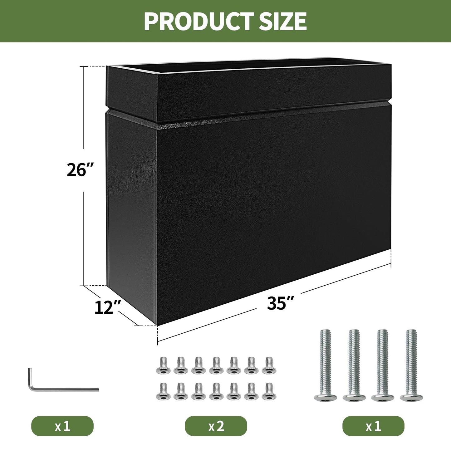 HONYTA Metal Rectangular Planter Box, Powder Coating Steel Large Planters 35" L x 12" W x 26" H with Drainage Hole, Indoor Outdoor All-Weather Use for Home, Porch, Patio, Garden(Black)