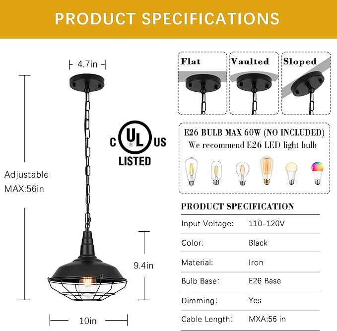 Black Pendant Light Kitchen Island 3 Pack, Farmhouse Pendant Light with Metal Wire Cage, Industrial Hanging Lights for Kitchen Sink Barn Dining Room
