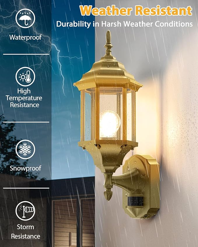Redluck Motion Sensor Outdoor Lights, 16 inch Dusk to Dawn Outside Porch Lights, Waterproof Anti-Rust Aluminum Outdoor Wall Lights Exterior Lighting Fixtures for House, Garage, Front Door, Gold