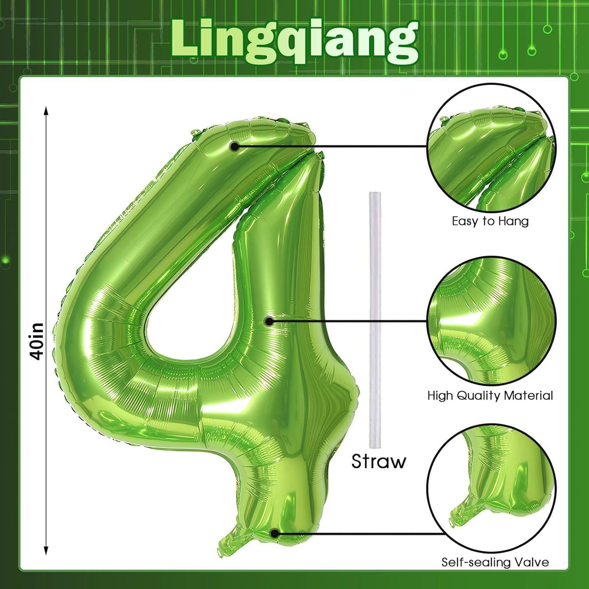 Skiennix 40-Inch Green Foil Number 4 Balloon - Self-Inflating Helium Decoration for Jungle Birthday Parties