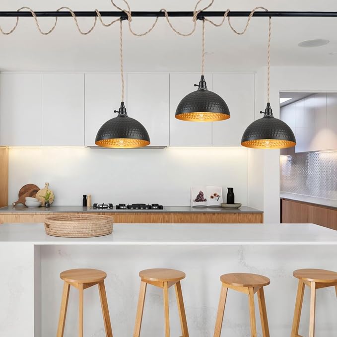 3 Light Plug in Pendant Lights Hammered Dome Hanging Lamp with Switch 22 Ft Long Hemp Rope Farmhouse Pndant Light Cord Lighting Fixture DIY Hanging Light