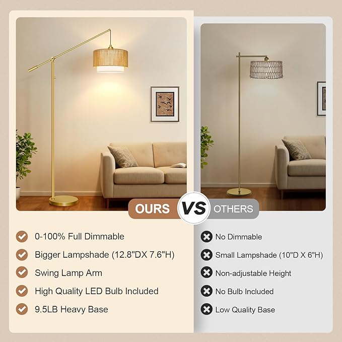 【Upgraded】Arc Floor Lamp for Living Room, Boho Dimmable Swing Arm Floor Lamp with Rattan & Fabric Shades, Gold Rattan Standing Lamp with 11W Bulb, Farmhouse Adjustable Tall Lamp for Bedroom Office