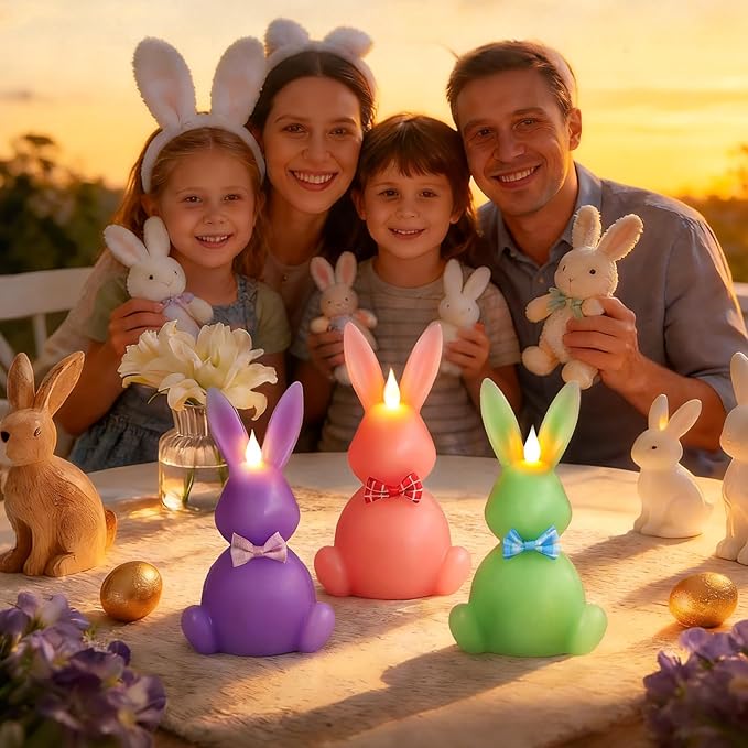 3PCS Easter Bunny Flameless Candles, LED Easter Candles Battery Operated Rabbit-Shaped Real Wax Pink Purple Green,Spring Party Decoration Centerpiece Table Home Decor (No Remote)