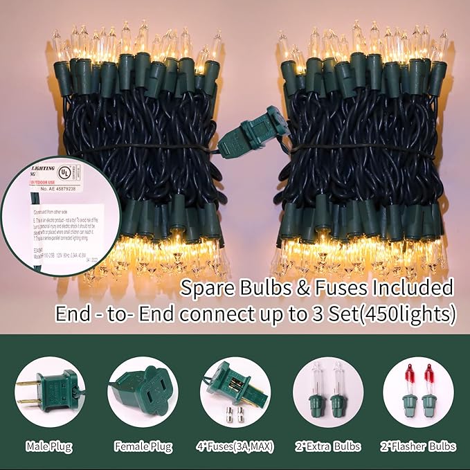 LAMPHOME Warm White Christmas String Lights 300 Count 63.8ft (2 Pack of 150L), Incandescent Mini Lights, Waterproof Outdoor Indoor Clear Christmas Lights for Xmas Tree Garland Holiday Decor