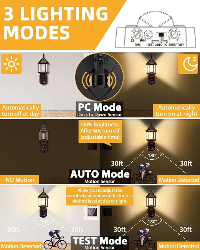 Redluck Motion Sensor Outdoor Lights, 2 Pack 16 inch Dusk to Dawn Outside Porch Lights, Waterproof Anti-Rust Outdoor Wall Lights Exterior Lighting Fixtures for House, Front Door, Brown