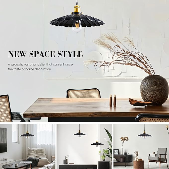 2Pack Hanging Lamp, Metal Pleated Lampshade Pendant Lighting for Kitchen Island Black Pendant Light Fixture 15.7 Inch Hanging Pendant Light 6.5Ft Height Adjustable