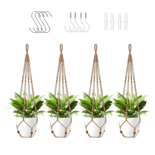 LEWESU Jute Macrame Plant Hanger Indoor Set of 4 Hanging Planter Basket Flower Pot Holder with Decorative Wood Beads & No Tassels for Indoor Outdoor Boho Home Decor, 35 Inch Brown (Pots Not Included)