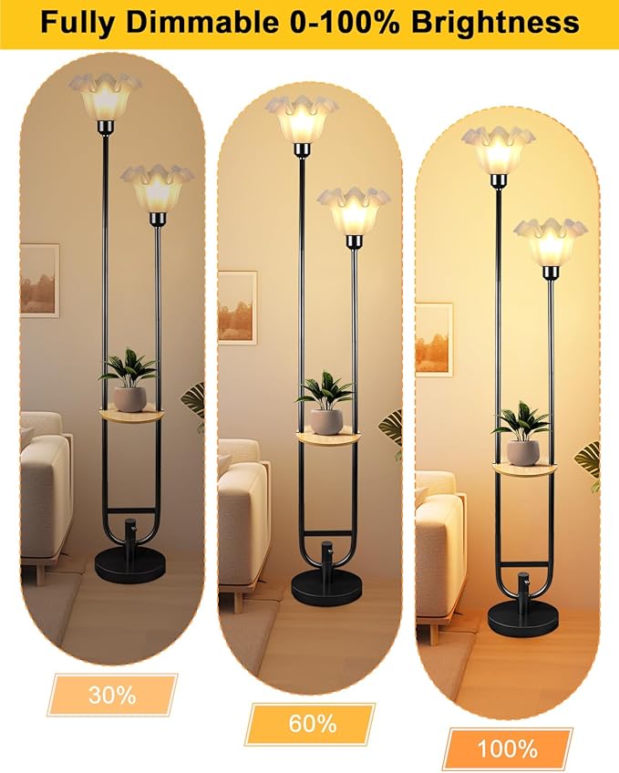 Lightdot Dimmable Flower Floor Lamp for Living Room, Modern Mid Century Floor Lamp with Table, Black Tall Standing Lamp for Bedroom/Sofa Beside/Corner Decor(Bulb Included)