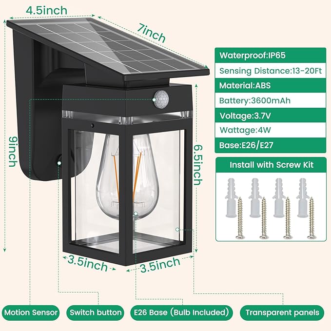 4 Pack Solar Porch Lights Outdoor, Dusk to Dawn & Motion Sensor Wall Light with Lantern Shape, 3 Modes IP65 Waterproof, E26 Bulb Exterior Sconce for Front Porch, Garage, Patio Security