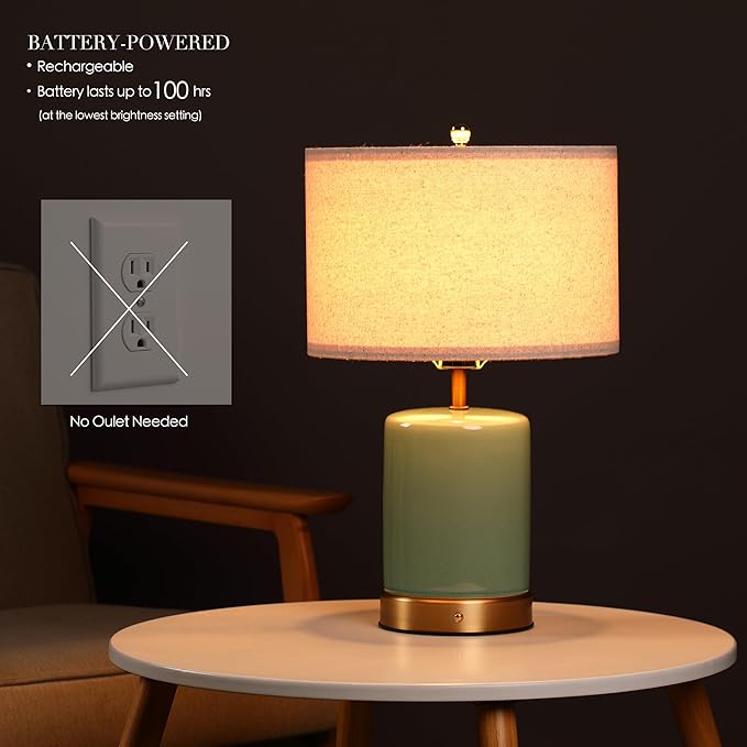 O’Bright Dune - Battery Powered Table Lamp, Rechargeable Cordless Ceramic Lamp, Full-Size 19.5 Inch Height, Dimmable, Smart Safety Protection, Type-C Fast Charging, LED Bulb Included, Sage Green