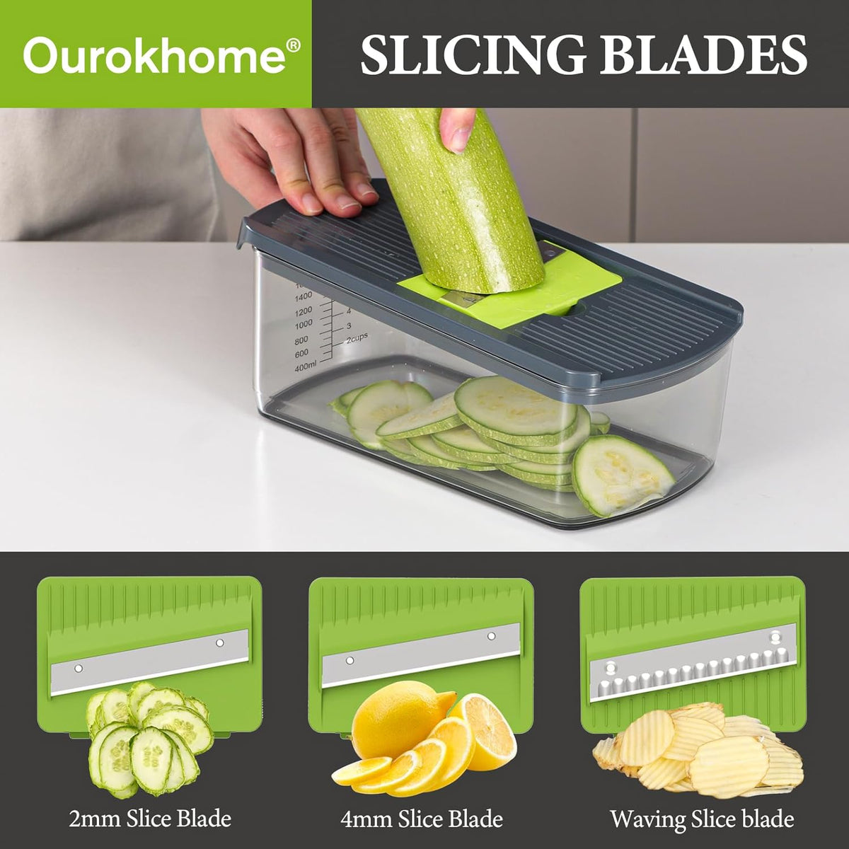 Ourokhome Mandolin Slicer - Safe Vegetable Shredder with 6 Blades | Essential Kitchen Gadget (Gray)