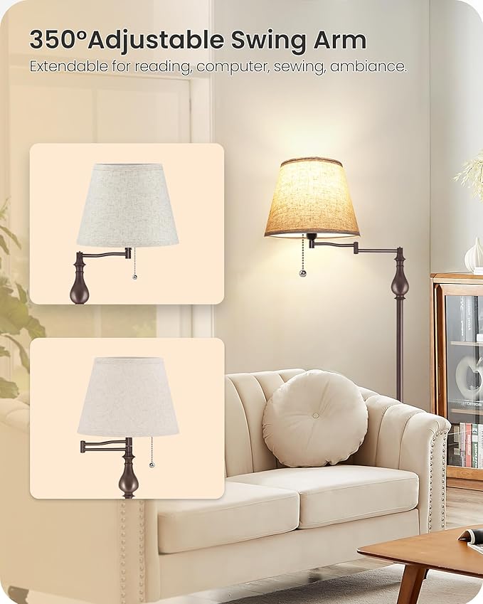 Vintage Floor Lamp with 350°Adjustable Swing Arm, 61” Mid-Century Modern Floor Lamp, Standing Pole Lamp with Pull Chain Switch, Antique Reading Lamp for Living Room, Bedroom, Rustic Brown VE13LD05