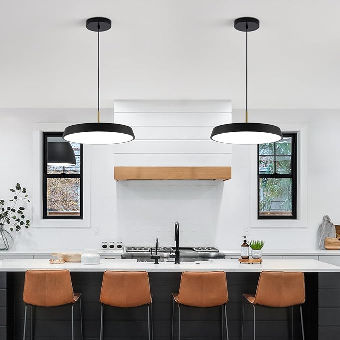 Black Pendant Light Fixtures 16inch,LED Modern Industrial KitchenIsland Hanging Lighting,3 Color Temperature Chandelier Metal Ceiling Light for Bar,Dining Room,Bedroom,Living Room