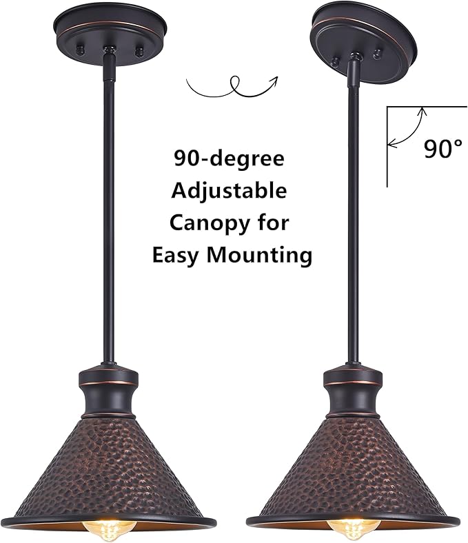 Pendant Light (2 Packs), Kitchen Lights Ceiling Hanging,Oil-Rubbed Bronze Finish, Farmhouse Lighting for Kitchen Island Room,Vintage Hammered Textured Aluminum Shade, Height Adjustable