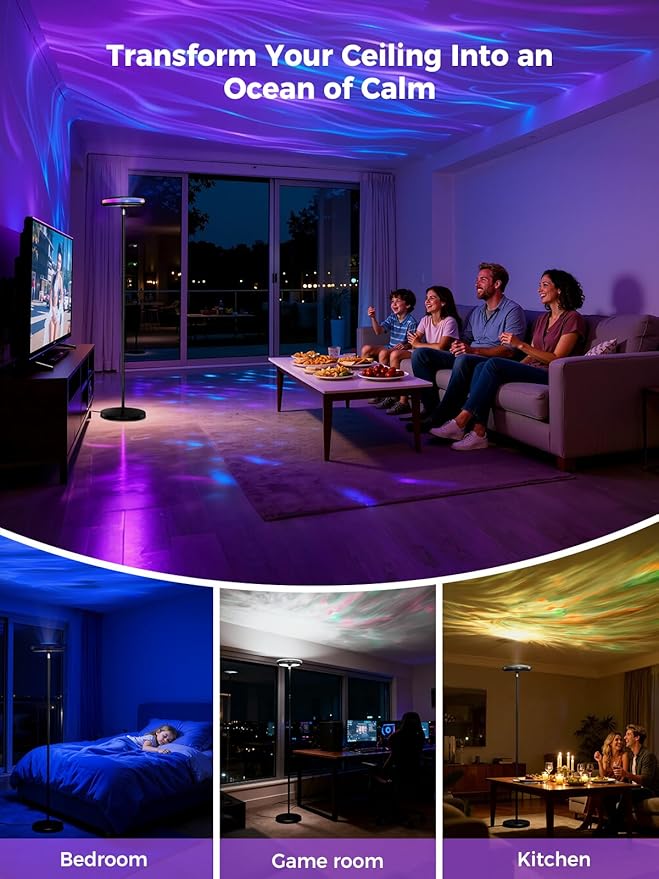 Smart Floor Lamp for Living Room, 66.8" RGB+WW Ripple Projector Floor Lamp, 3-in-1 LED Corner Lamp with RGB+IC Side Light & RA90 Reading Light, Dimmable Mood Light with App Control for Bedroom