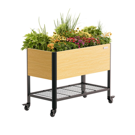 Rolling Elevated Garden Bed, 2' x 4' Metal Woodgrain Elevated Outdoor Planters Boxes with Legs & Storage Rack for Patio, 1000 lbs Weight Capacity, Raised Beds for Gardening Herb Flowers Vegetables