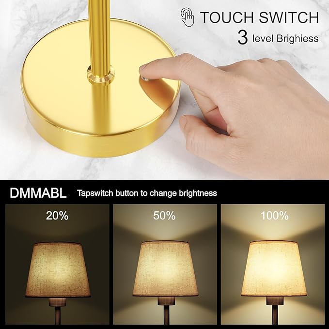 FRIDEKO HOME Rechargeable Table Lamp Gold - Cordless Battery Operated Lamp, Fabric Shade Desk Lamp, Wireless Lamp for Decor Bedroom Dining Table Counter (1pcs-Linen-Bulb Included-15.7in)
