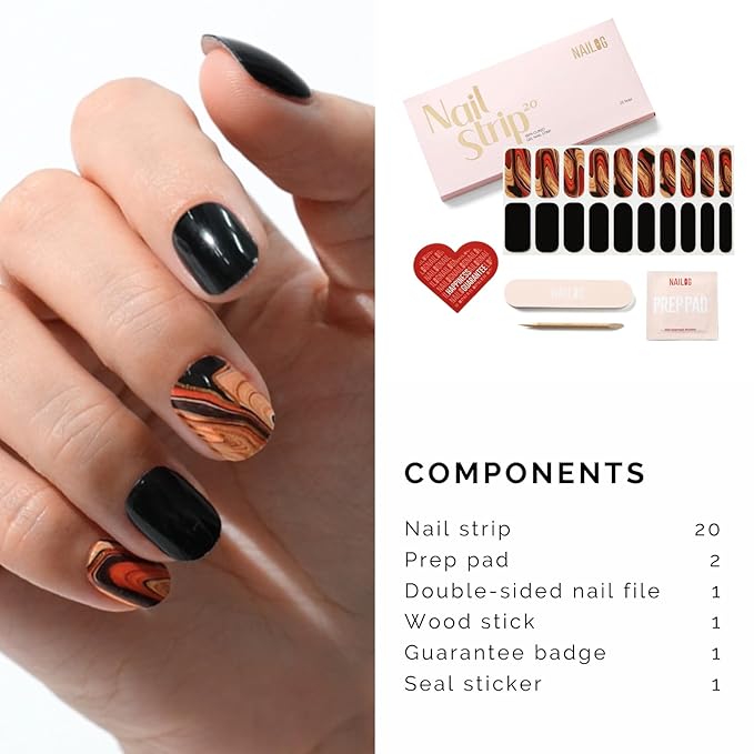 NAILOG Semi Cured Gel Strips - 20 Pcs Nail Stickers | Buy 2 Get 1 UV Light | Extra Long Wraps With Glossy Gel Finishing Black, Magma