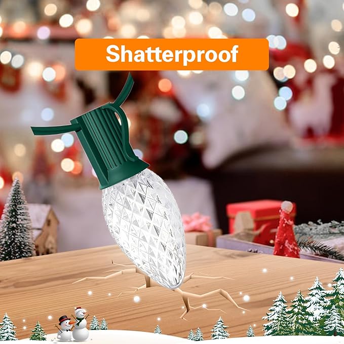 25FT C7 Christmas Lights Outdoor, Bright SMD LED String Lights with 25 7000K Cool White Bulbs for Roof, Fence, Winter Ice Themed Holiday Decor