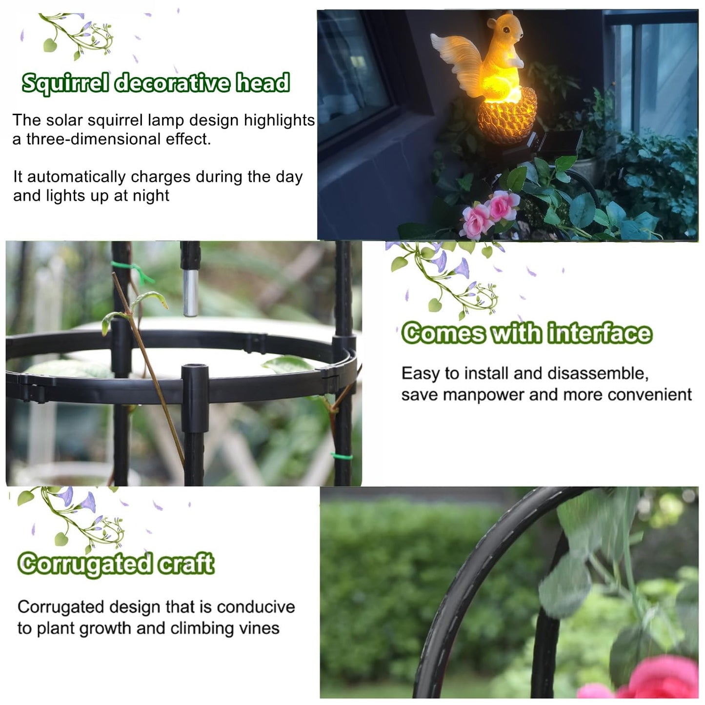 Metal Garden Obelisk Trellis for Climbing Plants Outdoor，Rose Round Trellis with Squirrel Head Auto Sensor Solar Light Rustproof Tomato Plant Support for Vines Cucumbers Tomato Cage,1 Pack