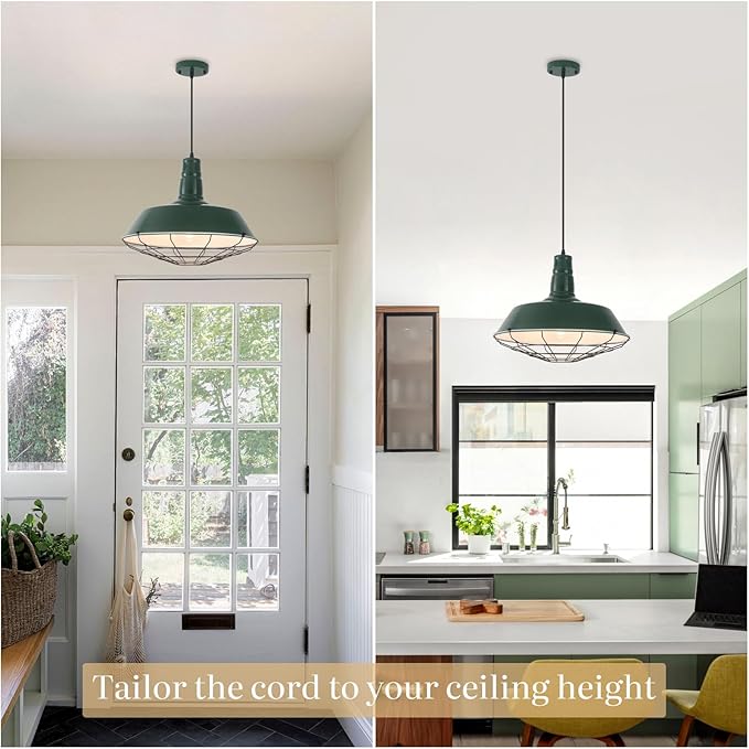 Green Farmhouse Pendant Lights Kitchen Island 1 Pack, 18.1 Inch Large Barn Pendant Light, Oversized Industrial Pendant Light with Wire Cage, Island Pendant Lights for Kitchen Barn Warehouse