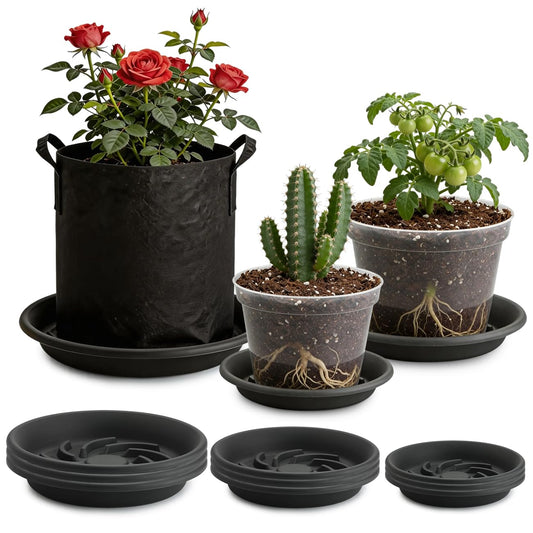 BTPLASTIK Plant Saucer 8 10 12 inch 9 Pack Set, Pot Elevators for Inside Plants, Heavy Duty Flower Planter Drip Trays for Pots, Grow Bags Saucers Gray