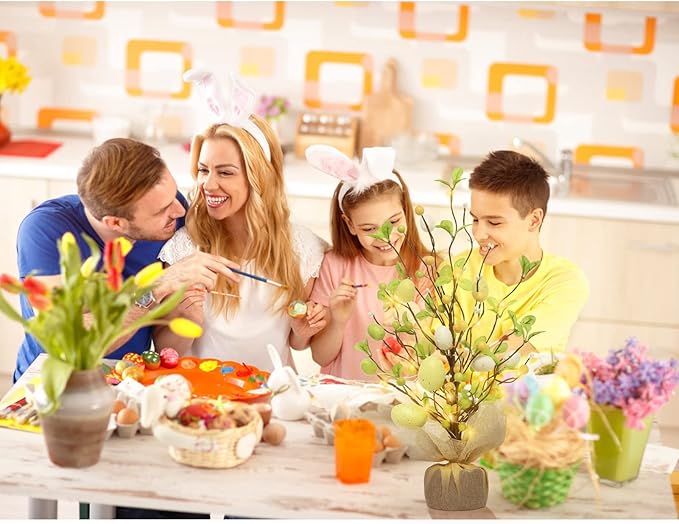 RoseCraft Easter Decorations, 18 Inch Pre-Lit Easter Egg Tree Tabletop Decor with Delicate Ornaments, for Home Party Wedding Holiday Spring Summer Decoration, Yellow/White.