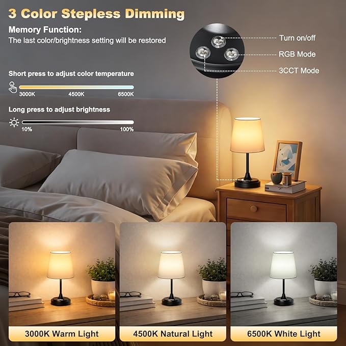 Small Cordless Table Lamp Rechargeable,5000mAh Battery Operated Desk Lamp,3 Colors & 7 RGB Stepless Dimmable,Touch Ambient Light for Bedside,Bedroom,Dining Room,Living Room,Black,WhiteShade