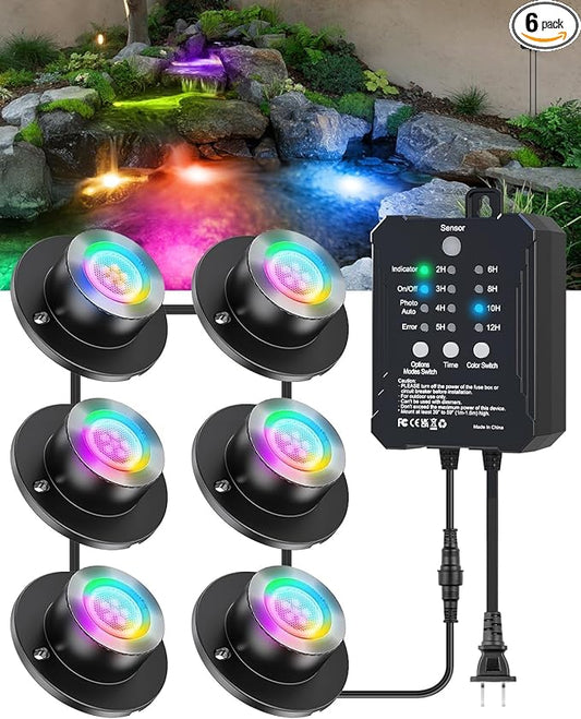 HIBOITEC LED Pond Lights, RGB Underwater Fountain Light with 12V Timer Transformer, Photocell Light Sensor, IP68 Waterproof Outdoor Underwater Lights for Outdoor Ponds Garden, 6 Pack