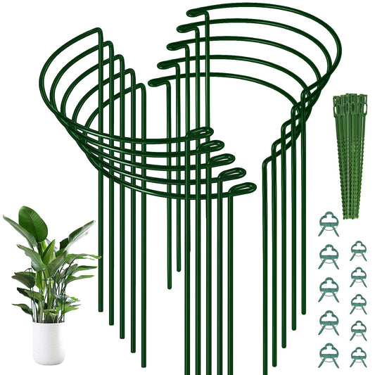 10 Pack Plant Support Stakes, 10" (W) x 16"(H) Half Round Heavy Duty Metal Garden Plant Cages for Outdoor Plants, Rust-Proof Durable Peony Cages and Supports with 10 Plant Clips and 20 Plant Ties