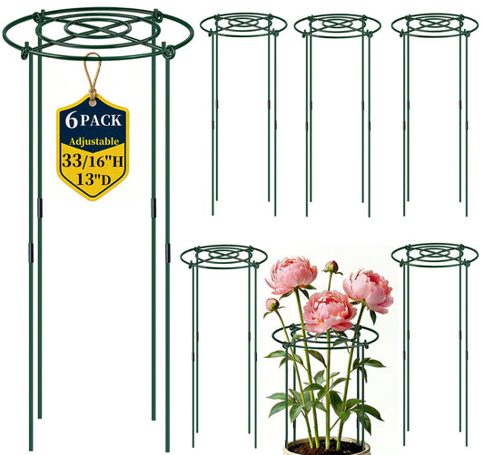 QwayHome 6Pack Peony Cages and Supports 33''H x 13''D Grow Through Large Plant Support, Adjustable High, Heavy Duty, Rust-Resistant, Round, Flower Support Cage Ring for Rose Tomato Hydrangea