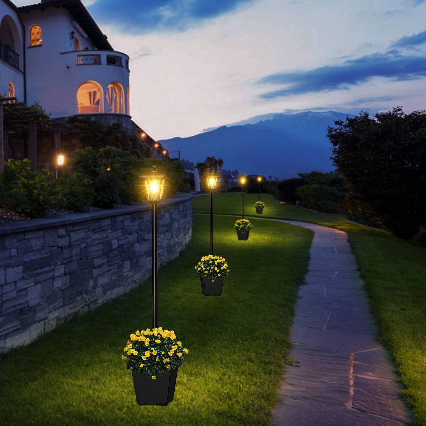 ILANCK 64 Inch Solar Lamp Post Light with Planter, 60 High Lumens Street Light, Solar Post Lights Waterproof for Garden, Pathway, Lawn, Driveway, Front Back Door Outdoor Pole Lamp（Warm）