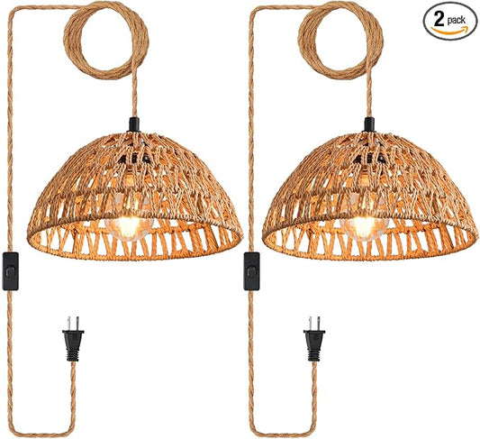 Plug in Pendant Light, Industrial Hanging Light with Plug in Cord Hemp Rope On/Off Switch Farmhouse Pendant Lamp with Plug in Cord, Vintage Hanging Lamps for Dining Room