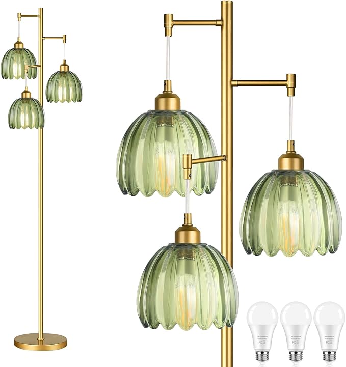 Gold Floor Lamp for Living Room Bedroom,Modern Tree Floor Lamps with Green Glass Shades,68IN Tall Standing Lamp with Bulbs,3 Lights Mid Century Vintage Floor Lamp for Corner Office Reading