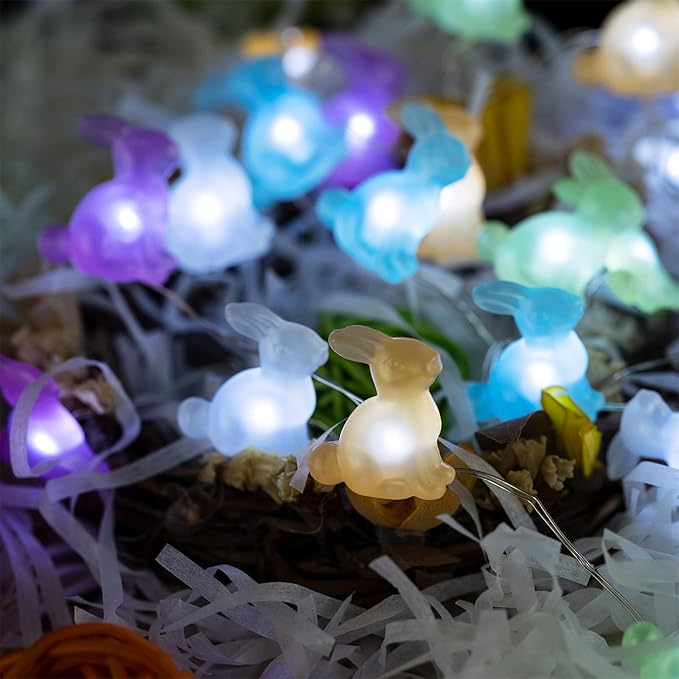 BOHON Easter Decoration Bunny LED String Lights Battery Operated with Remote 10 ft 40 LEDs Rabbit Shaped String Lights for Bedroom Party Indoor Birthday Wedding Decor