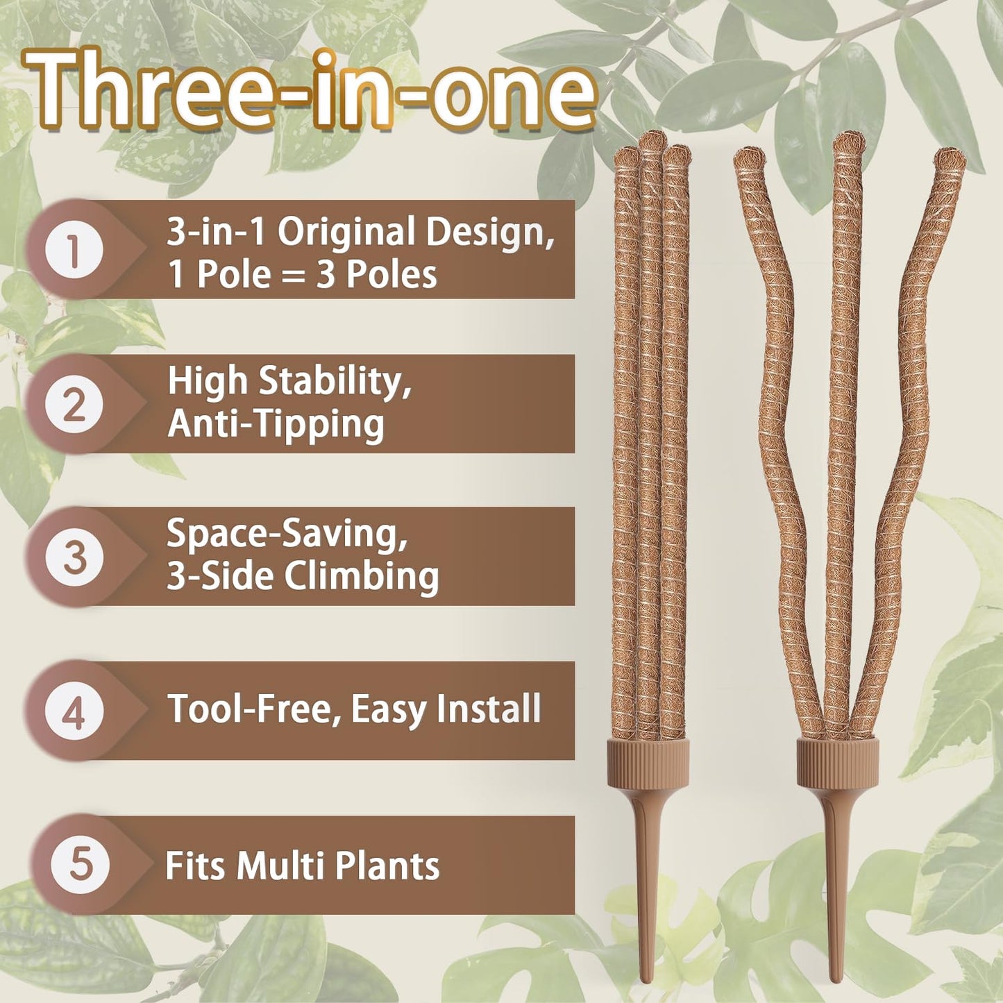 3 Moss Poles in 1, Bendable Monstera Plant Support, 29.9IN Tall Plant Stakes for Indoor Plants, Coir Pole Plant Support for Climbing Plants, Pothos, Philodendron-1 Pack