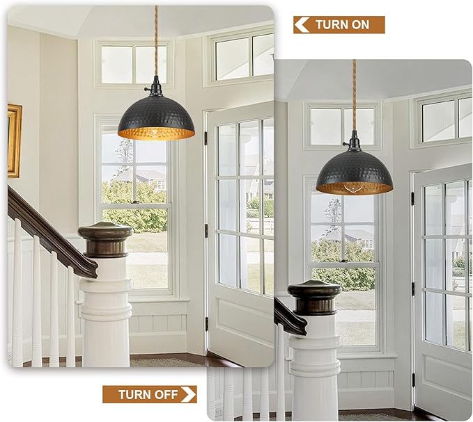 3 Light Plug in Pendant Lights Hammered Dome Hanging Lamp with Switch 22 Ft Long Hemp Rope Farmhouse Pndant Light Cord Lighting Fixture DIY Hanging Light