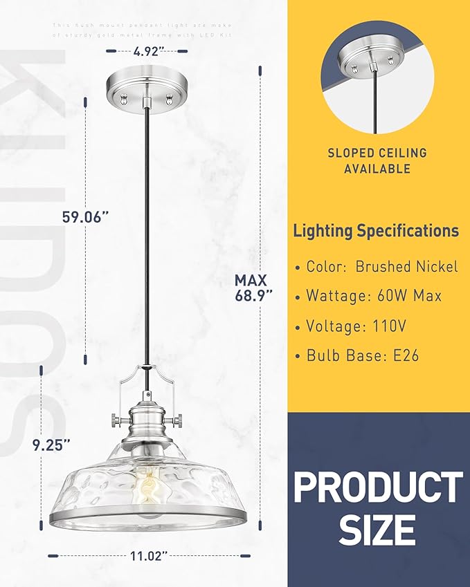 kudos 2 Pack Pendant Lights Kitchen Island, 11" Large Brushed Nickel Kitchen Island Lighting with Hammered Glass Shade, Industrial Hanging Light Fixture for Kitchen Sink Dining Room, KDPL13-BN-H-2PK