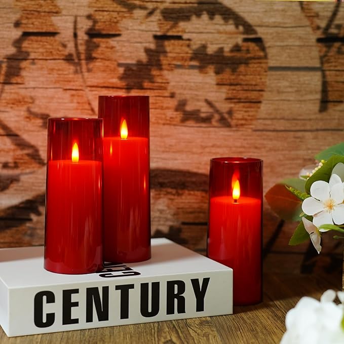 Flickering Flameless Candles Battery Operated with Remote and 2/4/6/8 H Timer Plexiglass Led Pillar Candles Pack of 9 (D2.3 xH5.5 6.5" 7.5") with Realistic 3D Wick Candles for Home Decor(Red)